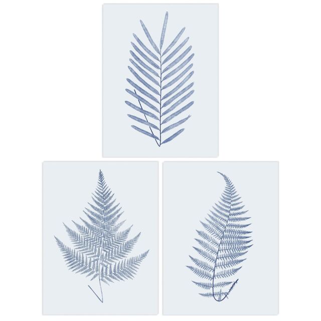 Wee Blue Coo Pack of 3 Elegant Calming Fern Leaf Frond Blue on Grey Detailed Foliage Imprint Botanical Unframed Wall Art Living Room Prints Set - image 1