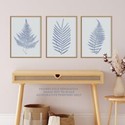 Wee Blue Coo Pack of 3 Elegant Calming Fern Leaf Frond Blue on Grey Detailed Foliage Imprint Botanical Unframed Wall Art Living Room Prints Set - thumbnail 2
