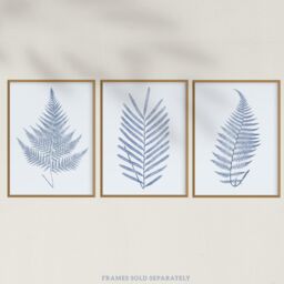 Wee Blue Coo Pack of 3 Elegant Calming Fern Leaf Frond Blue on Grey Detailed Foliage Imprint Botanical Unframed Wall Art Living Room Prints Set - thumbnail 5