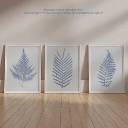 Wee Blue Coo Pack of 3 Elegant Calming Fern Leaf Frond Blue on Grey Detailed Foliage Imprint Botanical Unframed Wall Art Living Room Prints Set - thumbnail 6