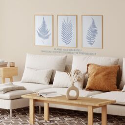 Wee Blue Coo Pack of 3 Elegant Calming Fern Leaf Frond Blue on Grey Detailed Foliage Imprint Botanical Unframed Wall Art Living Room Prints Set - thumbnail 3