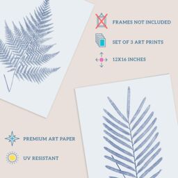Wee Blue Coo Pack of 3 Elegant Calming Fern Leaf Frond Blue on Grey Detailed Foliage Imprint Botanical Unframed Wall Art Living Room Prints Set - thumbnail 4