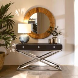 Orsina 3 Drawer Console Table, Textured Black Leather Finish, Stainless Steel Metallic AccentsConsole Table