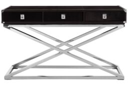 Orsina 3 Drawer Console Table, Textured Black Leather Finish, Stainless Steel Metallic AccentsConsole Table - thumbnail 5