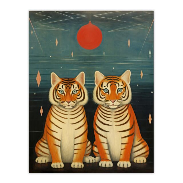 "Wee Blue Coo Wall Art Print Tiger Twins Tea Party Cute Animal Cubs Living Room - Size: W24"" x H32""" - image 1