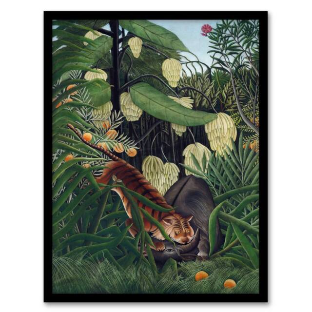 Artery8 Fight between a Tiger & a Buffalo Rousseau Framed Wall Art Print in Green - Size: A4 - image 1