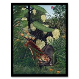 Artery8 Fight between a Tiger & a Buffalo Rousseau Framed Wall Art Print in Green - Size: A4 - thumbnail 1