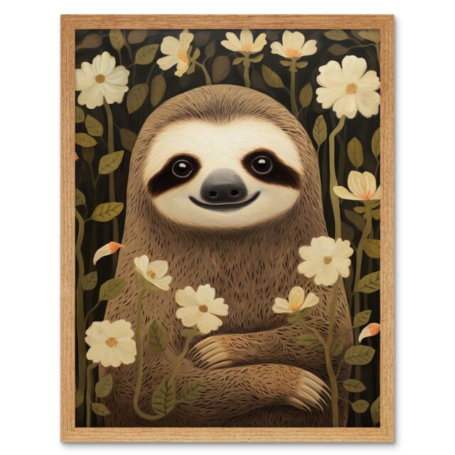 "Artery8 Wall Art Print Sloth with Jasmine & Anemone Flowers Elegant Artwork Art Framed in Light Oak - Size: W12"" x H16""" - image 1