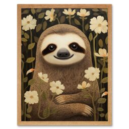 "Artery8 Wall Art Print Sloth with Jasmine & Anemone Flowers Elegant Artwork Art Framed in Light Oak - Size: W12"" x H16""" - thumbnail 1