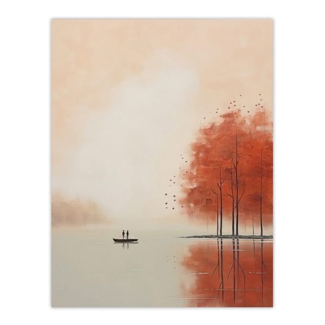 "Wee Blue Coo Wall Art Print Boating On The Autumn Lake Calm Peaceful Living Room in Beige - Size: W24"" x H32""" - image 1