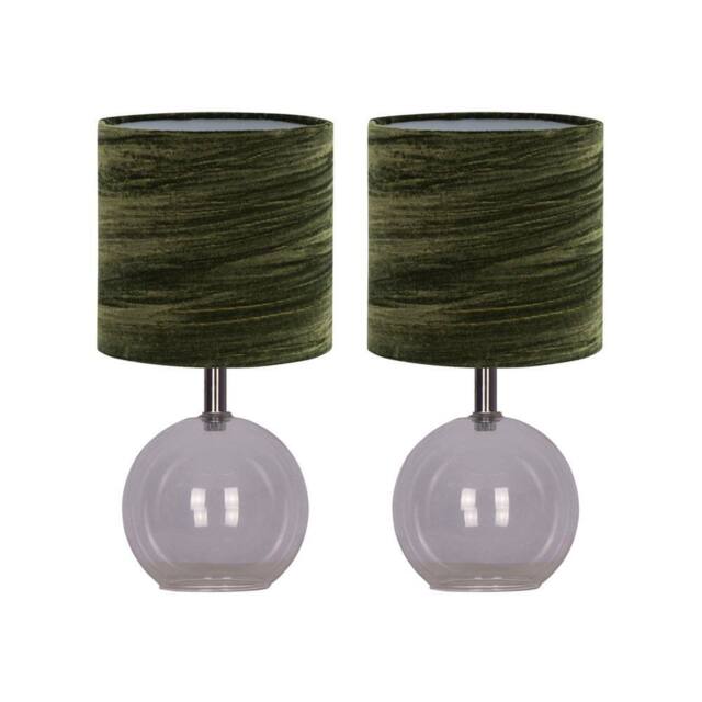 First Choice Lighting Set of 2 Buck - Clear Glass Table Lamps with Dark Green Velvet Shade - image 1