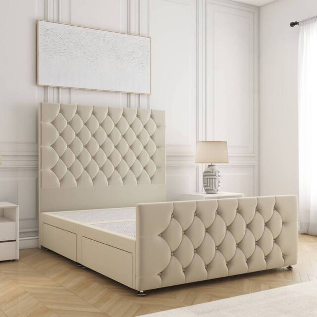 "BSSPOKE Maya Divan Bed Set Plush Velvet 54"" Headboard No Drawers No Mattress in Cream - Size: Double" - image 1
