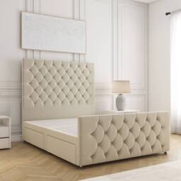 "BSSPOKE Maya Divan Bed Set Plush Velvet 54"" Headboard No Drawers No Mattress in Cream - Size: Double"