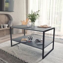 EONLION 90cm Wood Metal Coffee Table Open Shelf Storage in Black - thumbnail 7