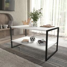 EONLION 90cm Wood Metal Coffee Table Open Shelf Storage in Black - thumbnail 5