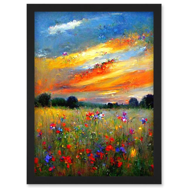 Artery8 Sunset Wildflower Peaceful Summer Meadow Oil Painting Artwork Framed Wall Art Print A4 in Black - image 1
