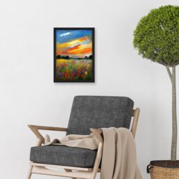 Artery8 Sunset Wildflower Peaceful Summer Meadow Oil Painting Artwork Framed Wall Art Print A4 in Black - thumbnail 2