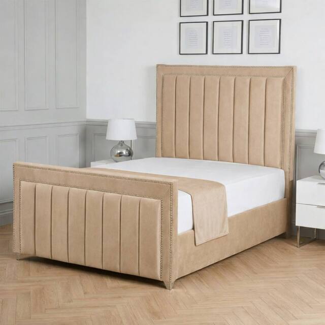 Living Comfort Bedz Royale Plush Velvet Upholstered Bed Slatted Base with 48Inch Headboard in Beige - Size: Double - image 1