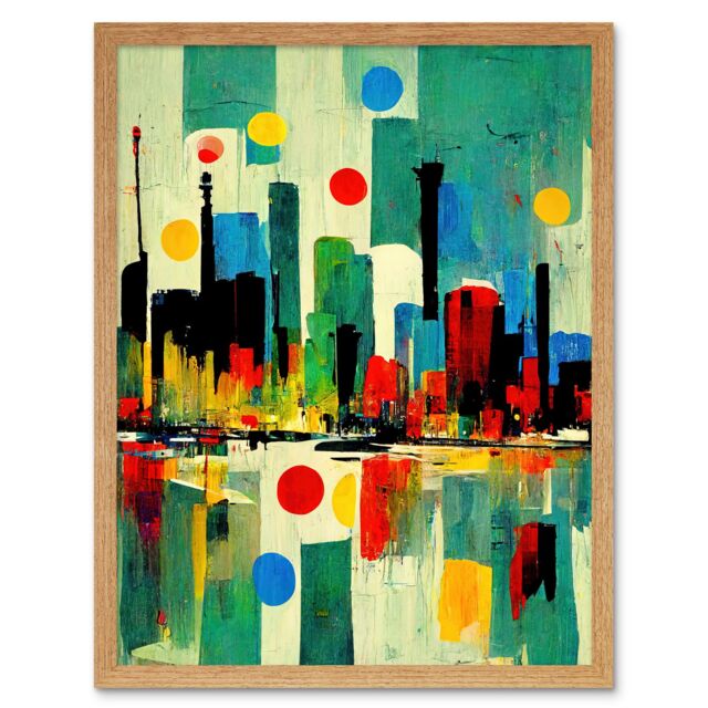 Artery8 Wall Art Print Abstract Bright Midcentury Style Colourful Cityscape Skyline Painting Blue Red Yellow Pink Green Art Framed - image 1