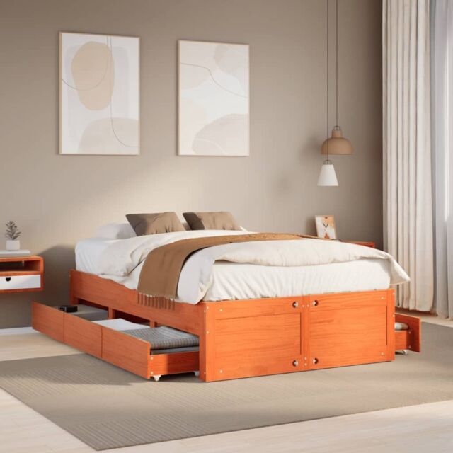 Berkfield Home Bed Frame without Mattress with Drawers Wax Brown 120x190 cm Small Double Solid Wood Pine - image 1