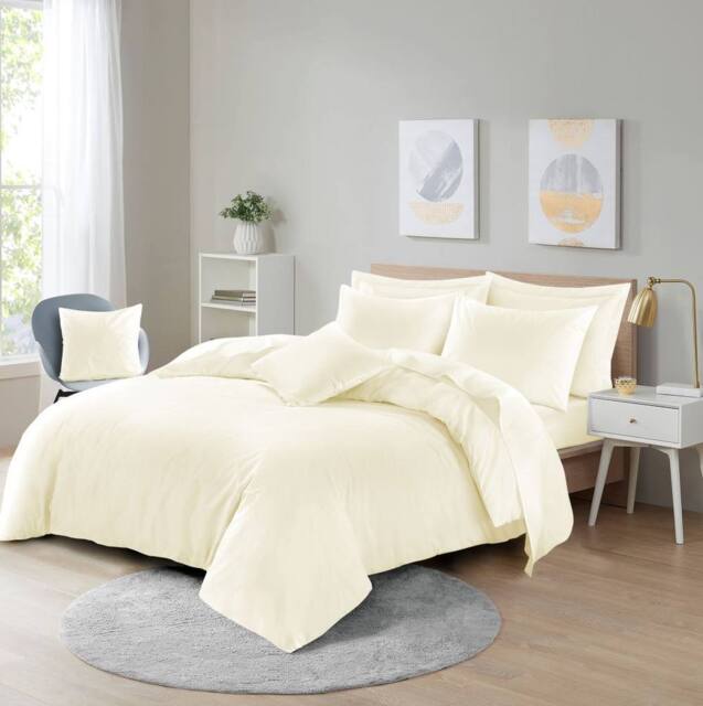 Homes-Linen Plain Dyed Polycotton Duvet Cover Set with Pillowcases in Cream - Size: Double - image 1
