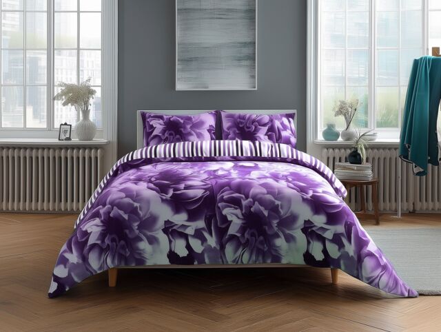 Snug City Duvet Cover & Pillowcase Set Reversible Rose & Stripe Design Polycotton Bed Linen in Lilac - Size: Single - image 1