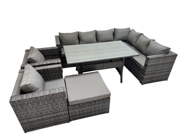 Fimous 9 Seater Patio Dining Corner Sofa Sets with 2 Chairs Big Stool in Dark Grey - image 1
