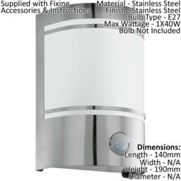 Loops IP44 Outdoor Wall Light & PIR Motion Sensor Stainless Steel 1 x 40W E27 Bulb in Metallics - thumbnail 2
