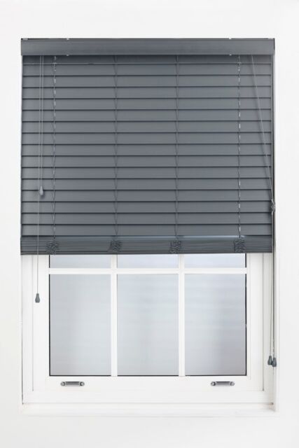 Furnished Dark Grey Faux Wood Venetian Blind - 50mm Slats String Window Blinds for Home & Office - Size: 50 cm width x 150 cm drop - image 1