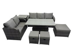 Fimous Rattan Garden Furniture Set 8-seater with 3 Footstools Side Table in Dark Grey - thumbnail 1