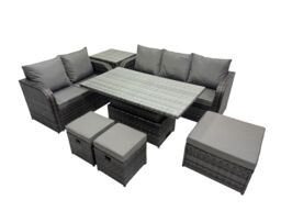 Fimous Rattan Garden Furniture Set 8-seater with 3 Footstools Side Table in Dark Grey - thumbnail 2