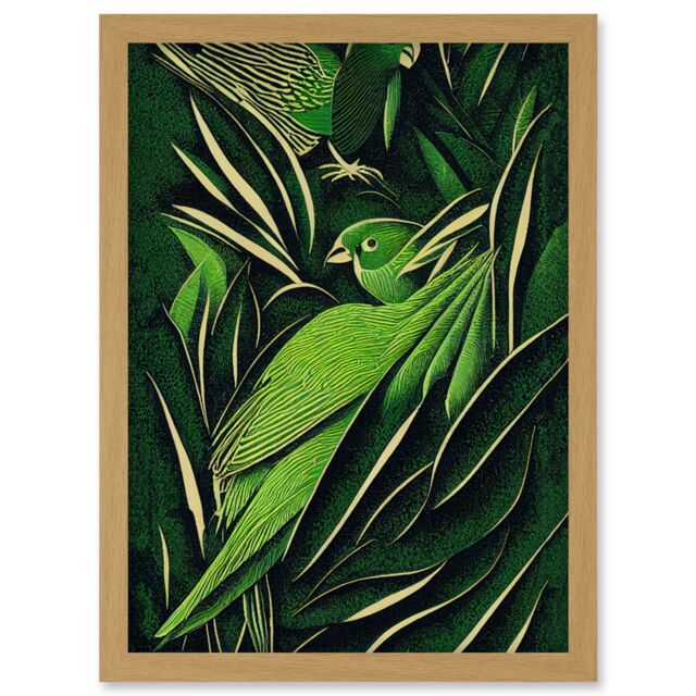 Artery8 Green Modern Vintage Retro Abstract Jungle Tropical Leaves Parrots Illustration Artwork Framed Wall Art Print A4 in Light Oak - image 1