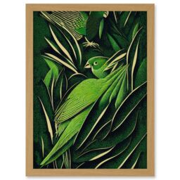 Artery8 Green Modern Vintage Retro Abstract Jungle Tropical Leaves Parrots Illustration Artwork Framed Wall Art Print A4 in Light Oak - thumbnail 1