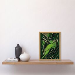 Artery8 Green Modern Vintage Retro Abstract Jungle Tropical Leaves Parrots Illustration Artwork Framed Wall Art Print A4 in Light Oak - thumbnail 2