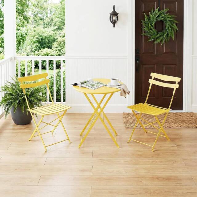 London Boutique Folding 3-Piece Metal Bistro Set Outdoor Patio Round Table & 2 Chairs in Yellow - image 1