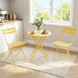 London Boutique Folding 3-Piece Metal Bistro Set Outdoor Patio Round Table & 2 Chairs in Yellow - thumbnail 7