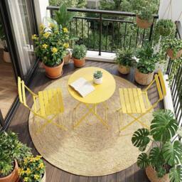 London Boutique Folding 3-Piece Metal Bistro Set Outdoor Patio Round Table & 2 Chairs in Yellow - thumbnail 3
