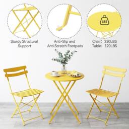 London Boutique Folding 3-Piece Metal Bistro Set Outdoor Patio Round Table & 2 Chairs in Yellow - thumbnail 4
