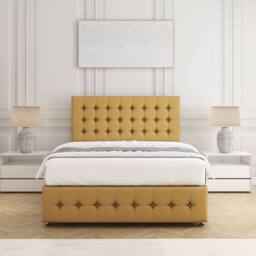 "BSSPOKE Eva Divan Bed Plush Velvet 24""Headboard & 2Drawers Same Side Mattress in Mustard - Size: Super King" - thumbnail 2