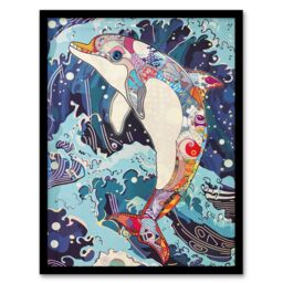 "Artery8 Dolphin Jump Sea Waves Colourful Folk Art Framed Art Print in Blue - Size: W12"" x H16""" - thumbnail 1