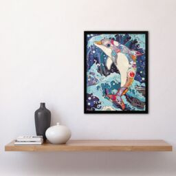 "Artery8 Dolphin Jump Sea Waves Colourful Folk Art Framed Art Print in Blue - Size: W12"" x H16""" - thumbnail 4