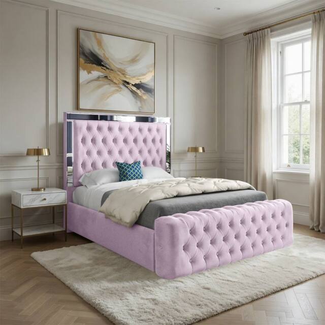 Casani Loweswater Mirror Upholstered Pink Soft Velvet Designer Bed Frame - Size: Small Single - image 1