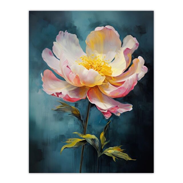 "Wee Blue Coo Wall Art Print Peony Pleasure Oil Painting Blue Pink Orange Single Flower Spring Bloom Floral Poster - Size: W24"" x H32""" - image 1