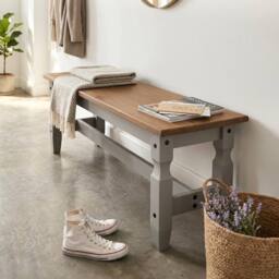 VOGREX Grey Solid Pine Dining Bench 4 Seater UK Kitchen Seat in Brown - thumbnail 4