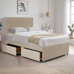 "Bed Time UK Cosy Plush Divan Bed with Mattress, Drawers & 20"" Headboard in Ivory - Size: Double"