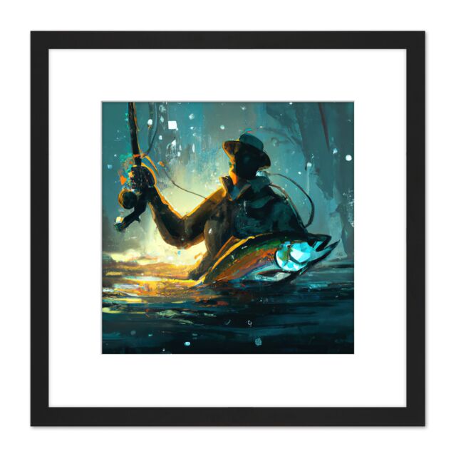 Artery8 Fly Rod Fishing Fisherman in Water With Large Fish Abstract Painting Square Wooden Framed Wall Art Print Picture 8X8 Inch in Black - image 1
