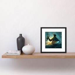 Artery8 Fly Rod Fishing Fisherman in Water With Large Fish Abstract Painting Square Wooden Framed Wall Art Print Picture 8X8 Inch in Black - thumbnail 2