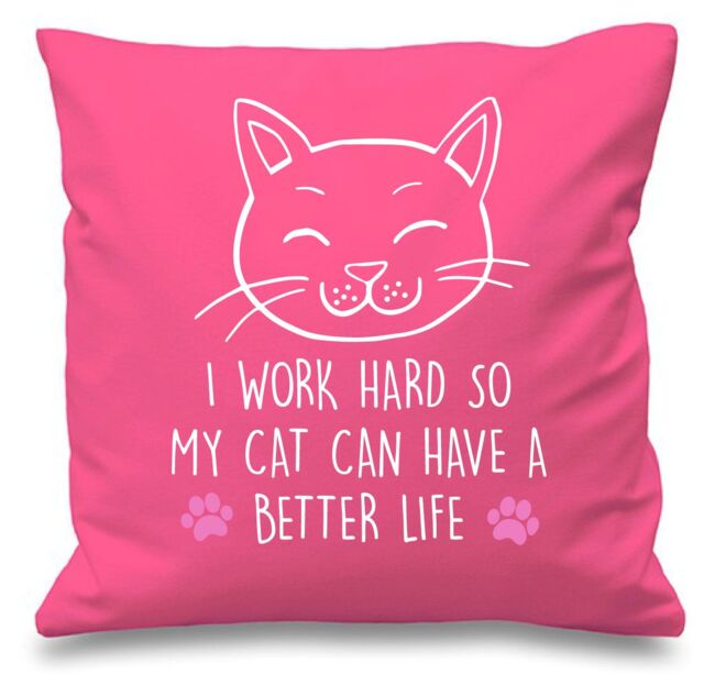 "60 SECOND MAKEOVER Pink Cushion Cover Cat I Work Hard So My Cat Can have A Better Life 16"" x 16"" Mum Friend Gift Decorative - Size: 40 cm x 40 cm"