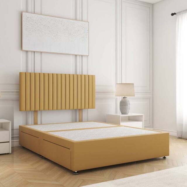 "BSSPOKE Brooke Divan Bed Plush Velvet 24""Headboard & No Drawers No Mattress in Mustard - Size: Single" - image 1