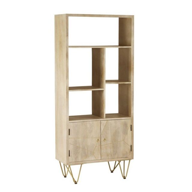 Indian Hub Large Bookcase with 2 Door - Solid Mango Wood - L35 x W80 x H180 cm - Light Gold in Brown - image 1